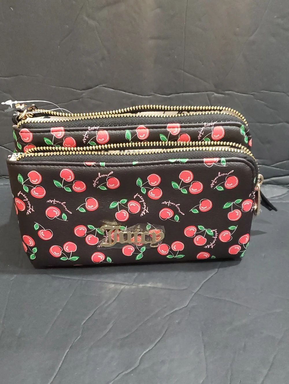 Juicy  Couture cherry girl black and red cherry print double zip wallet clutch